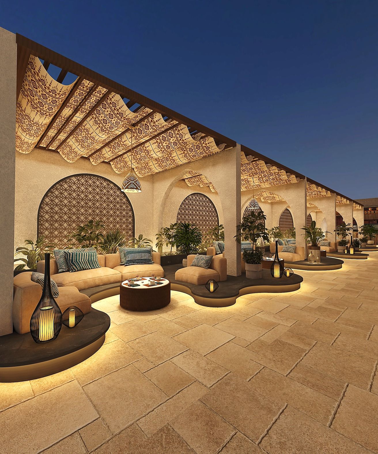 Terrace arches under patterned canopies